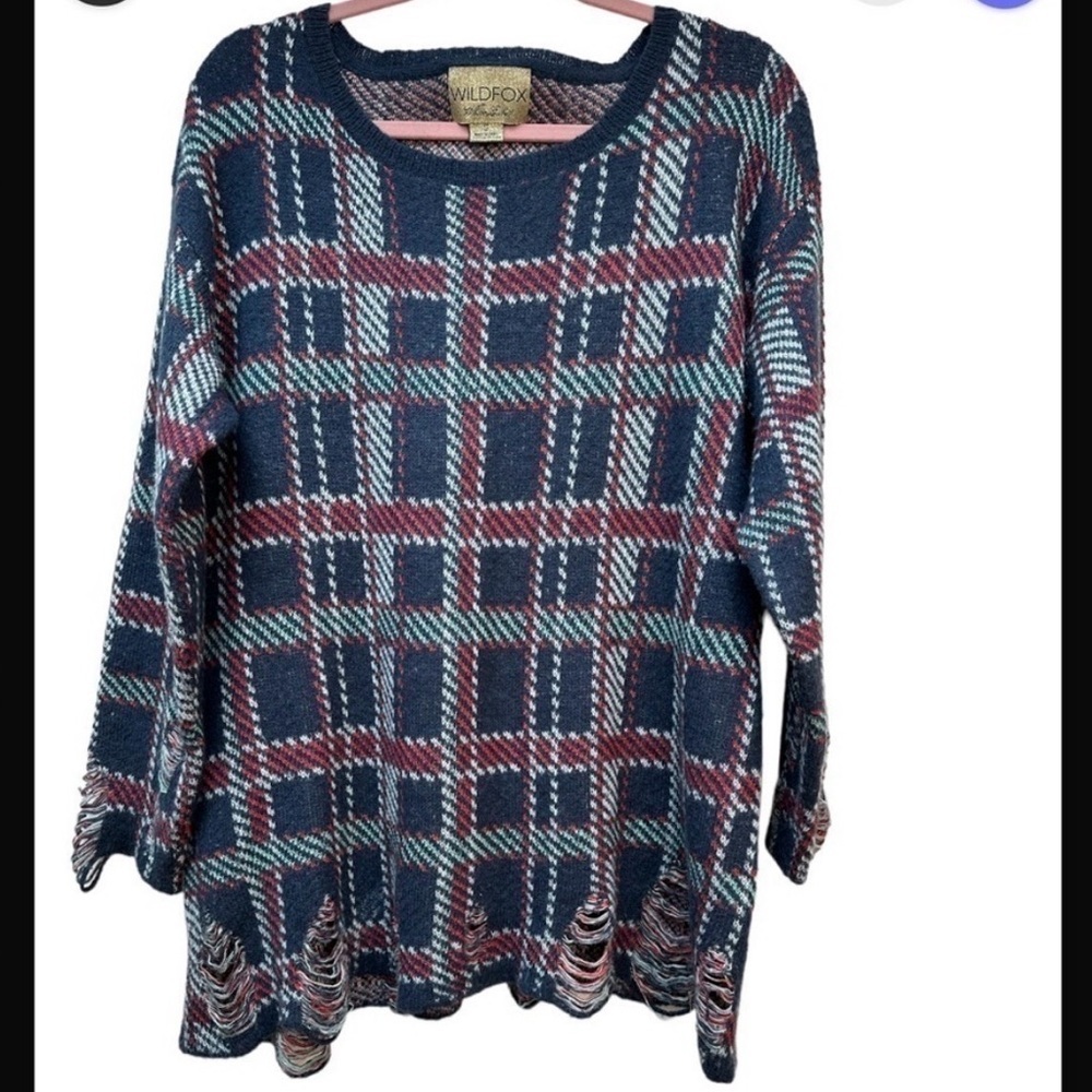 Wildfox White Label Plaid Distressed Wool Blend Oversized Sweater pullover SizeS